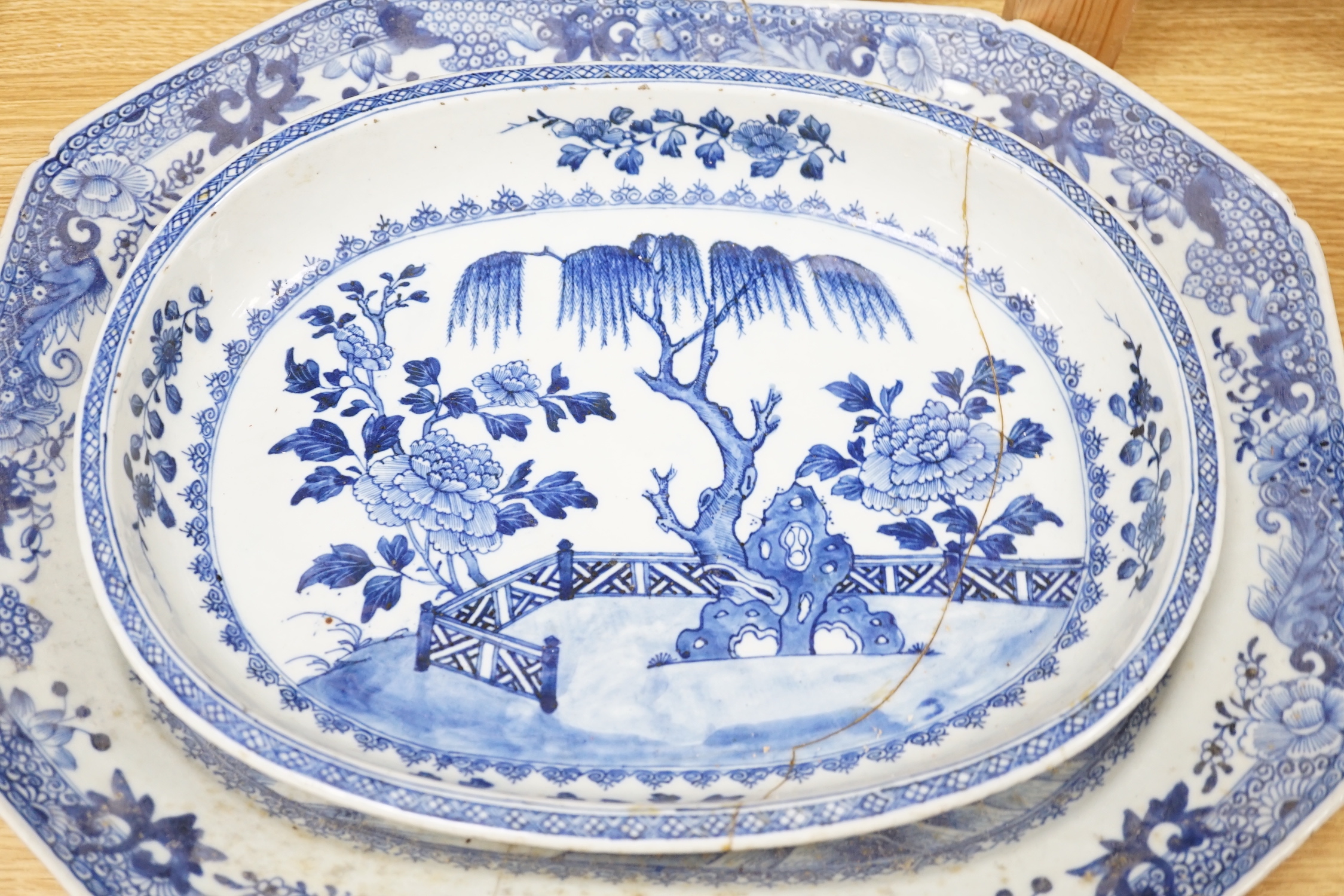 A group of 18th/19th century Chinese blue and white porcelain, including a Kangxi figure painted jar, a large meat dish, a hexagonal dragon bowl, a dish and a teapot with lid (6), meat dish 46cm wide